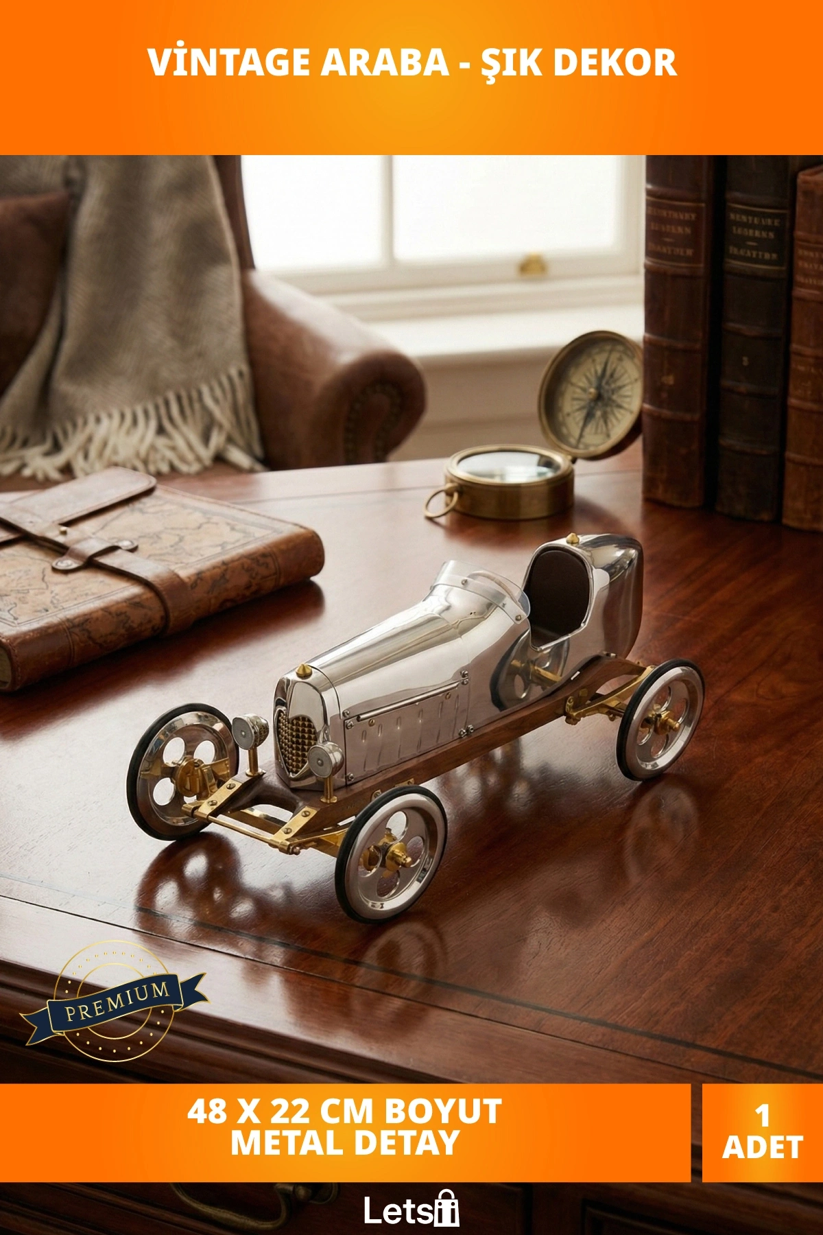 Nostaljik Pirinç Eski Model Dekoratif Araba 48x22 cm