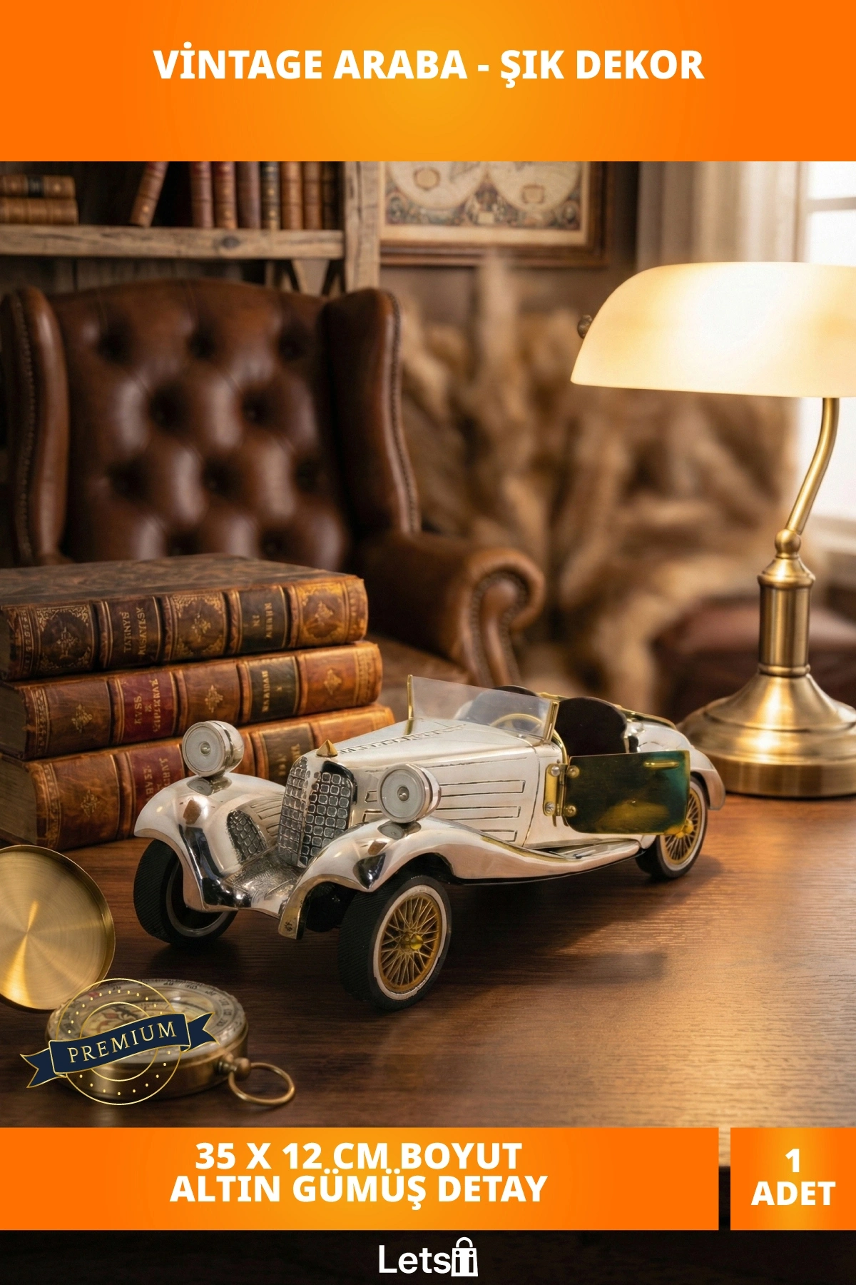 Pirinç Eski Model Araba Figürü 35x12 cm Metalik Gümüş Altın Detaylı