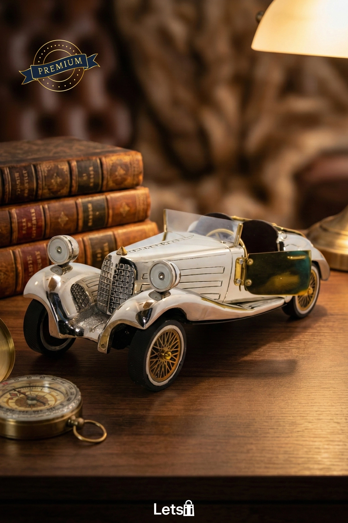 Pirinç Eski Model Araba Figürü 35x12 cm Metalik Gümüş Altın Detaylı