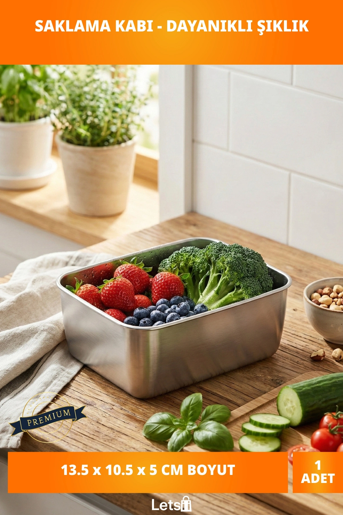 Paslanmaz Çelik Dayanıklı Koku Geçirmez Saklama Kabı 13.5 cm x 10.5 cm x 5 cm