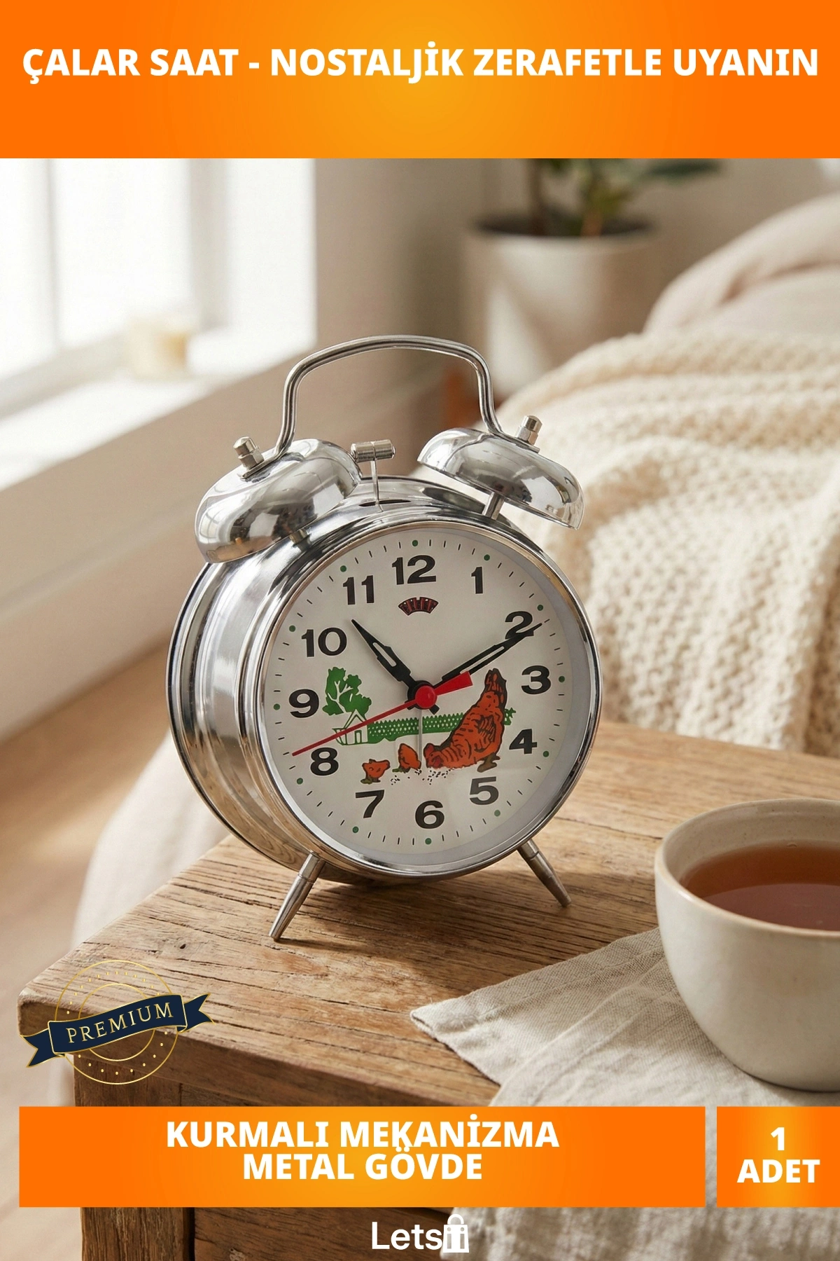 Nostaljik Kurmalı Horozlu Büyük Boy Çalar Saat