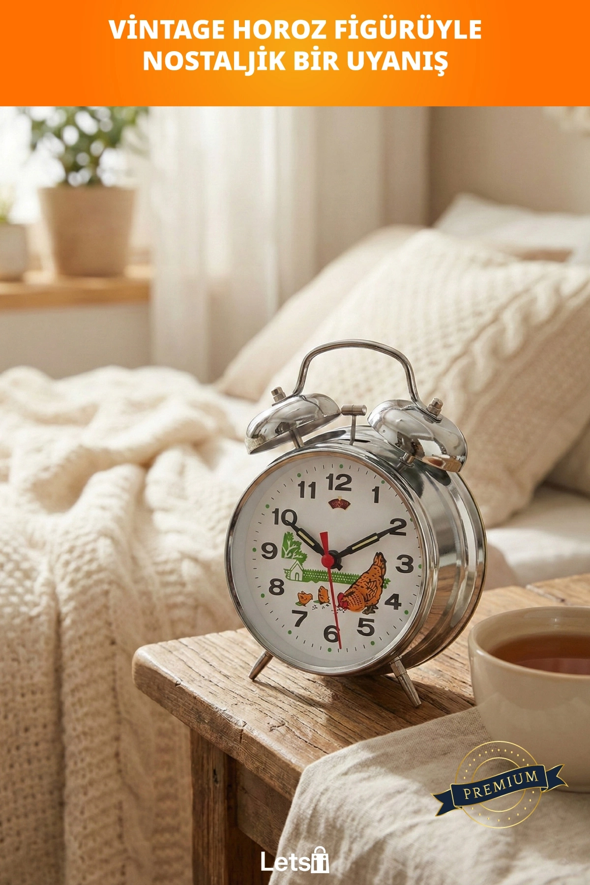 Nostaljik Kurmalı Horozlu Büyük Boy Çalar Saat