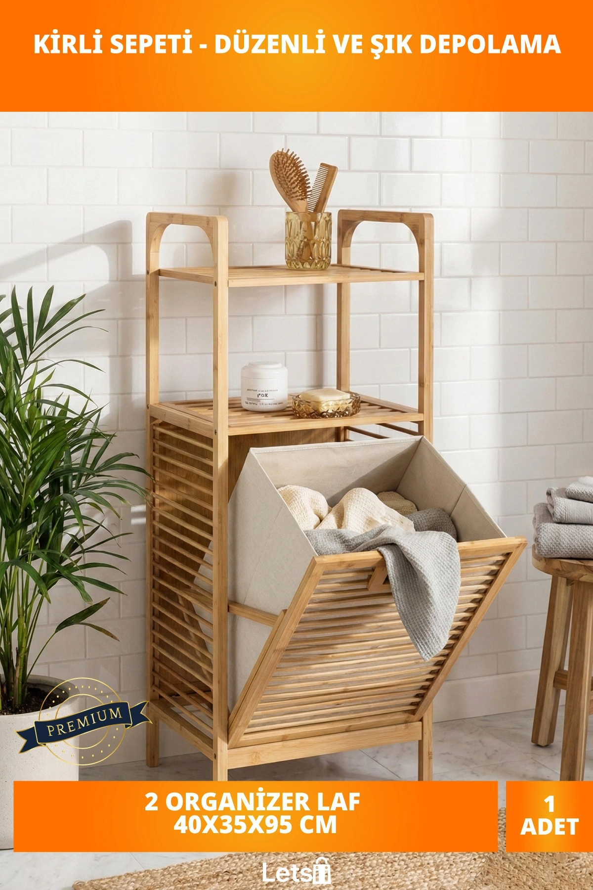 2 Organizer Raflı Ahşap Bambu Çek Aç Kirli Sepeti 40x35x95 cm