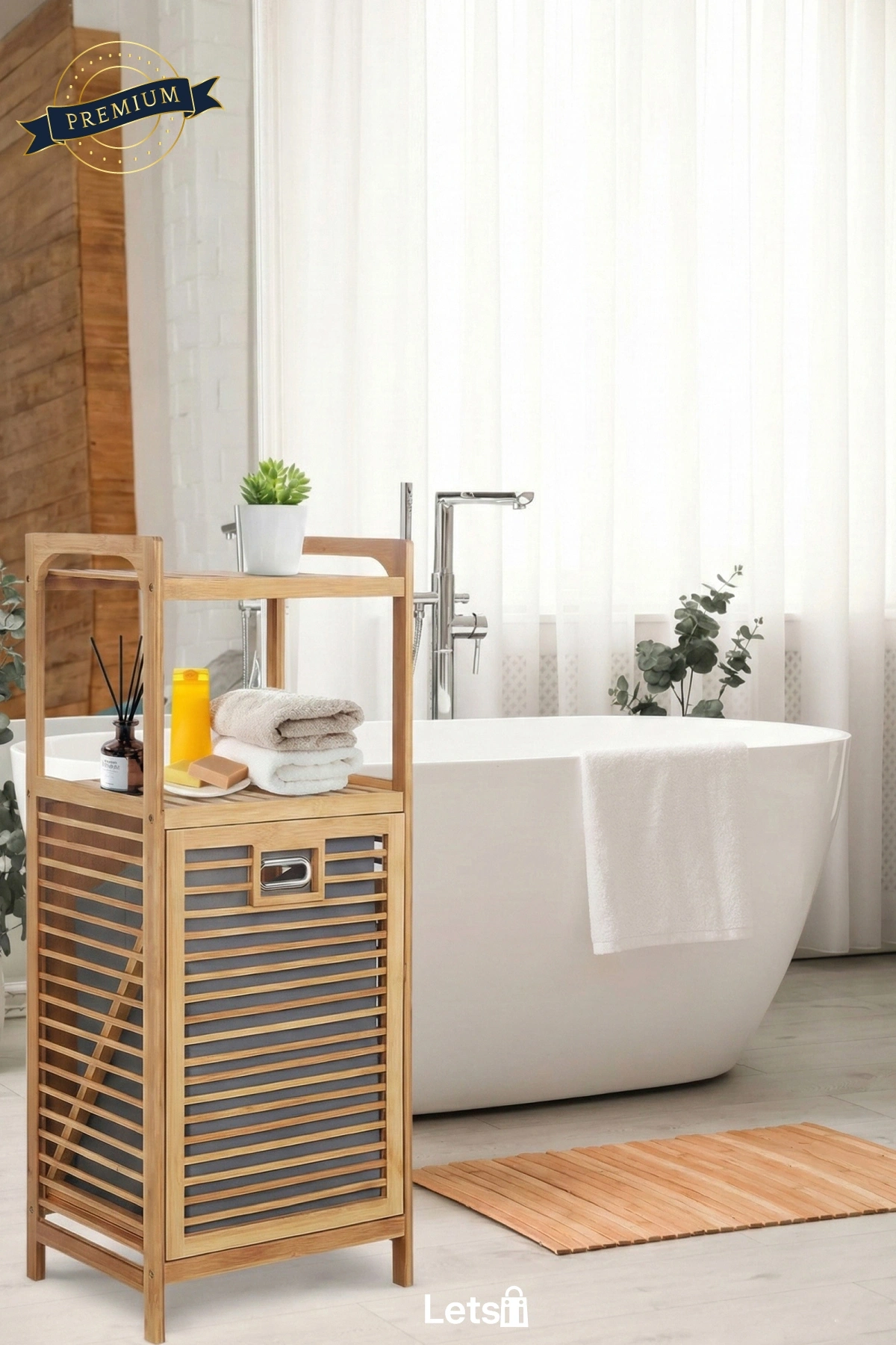 2 Organizer Raflı Ahşap Bambu Çek Aç Kirli Sepeti 40x35x95 cm