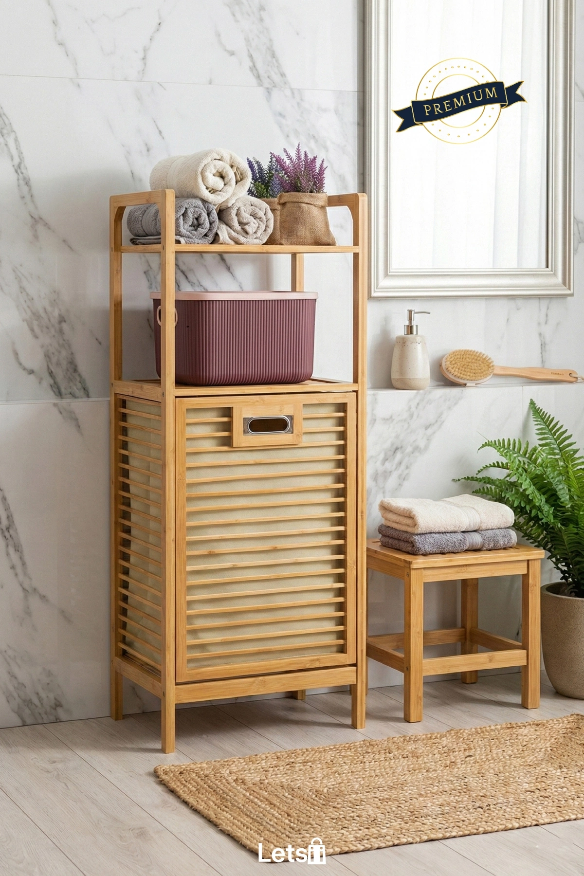 2 Organizer Raflı Ahşap Bambu Çek Aç Kirli Sepeti 40x35x95 cm