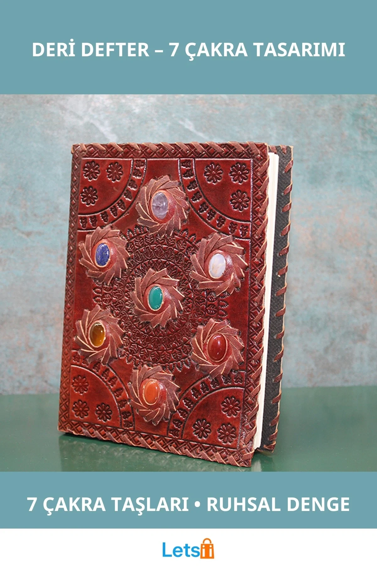 7 Çakra Taşlı Deri Defter 20x15 cm