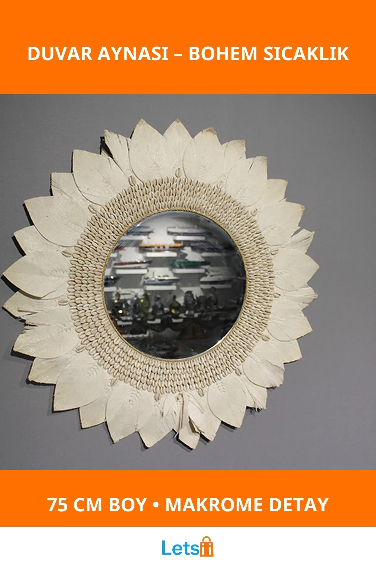 75 cm Doğal Makrome Duvar Aynası Bohem Dekorasyon