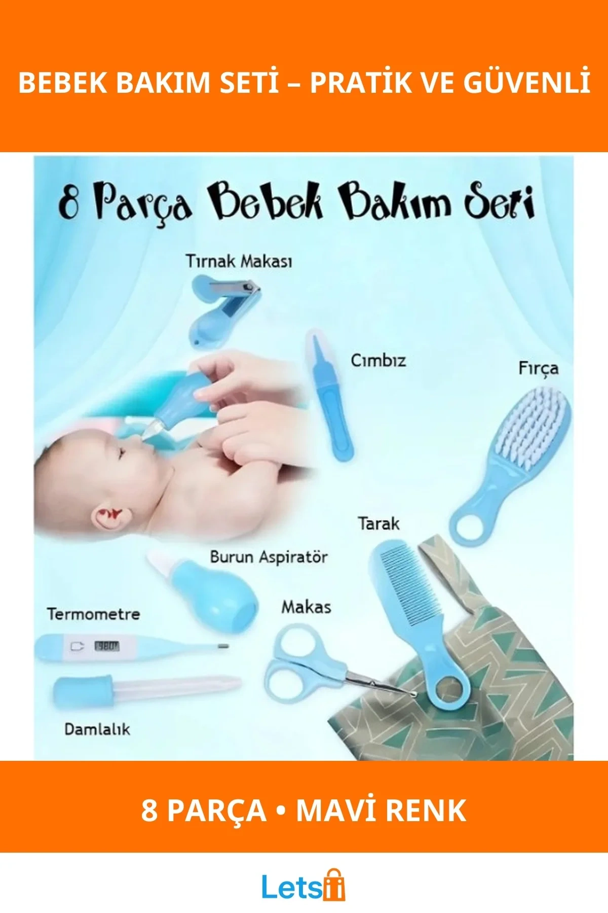 8 Parça Mavi Bebek Bakım Seti Güvenli ve Pratik
