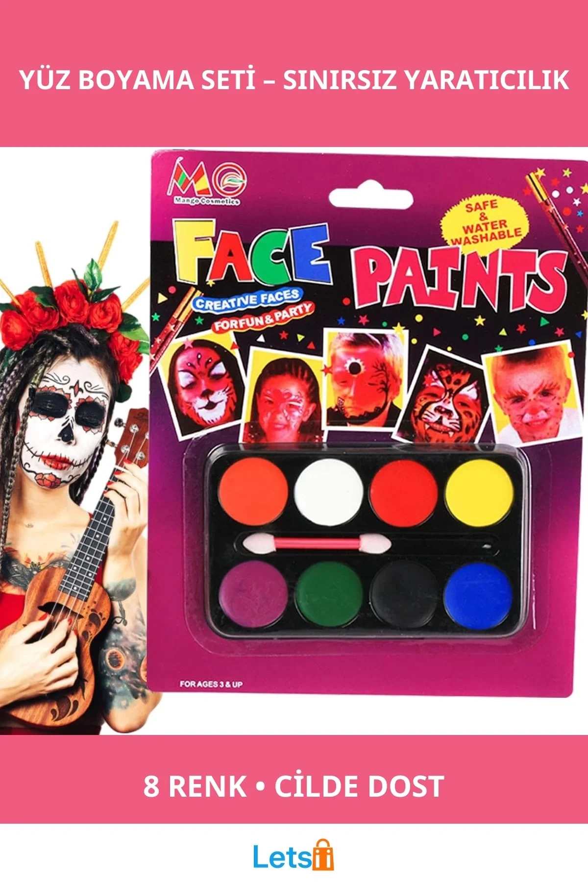 8 Renkli Yüz Boyama Paleti Eğlenceli Fırça Seti