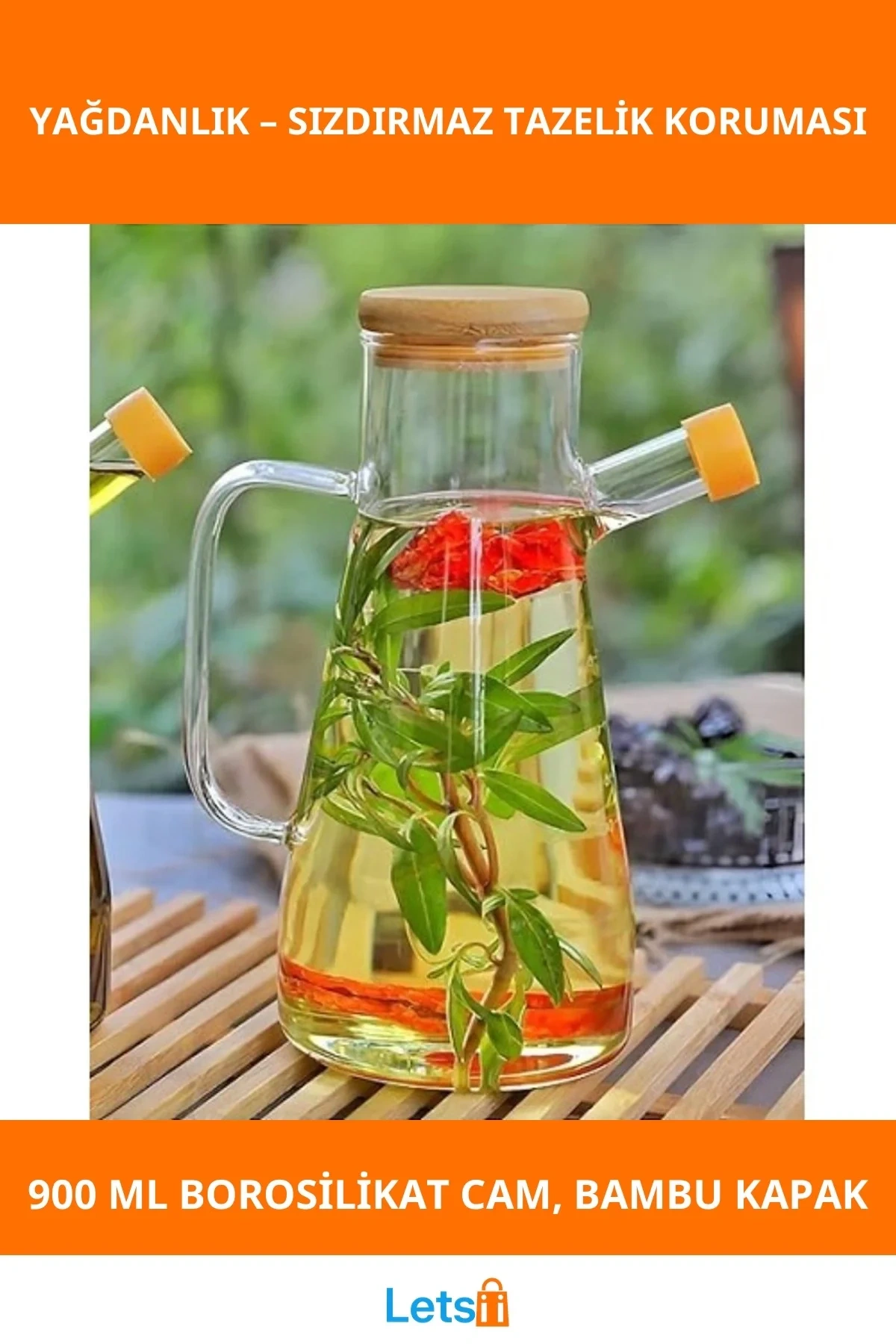 900 ml Sızdırmaz Bambu Kapaklı Borosilikat Cam Yağdanlık