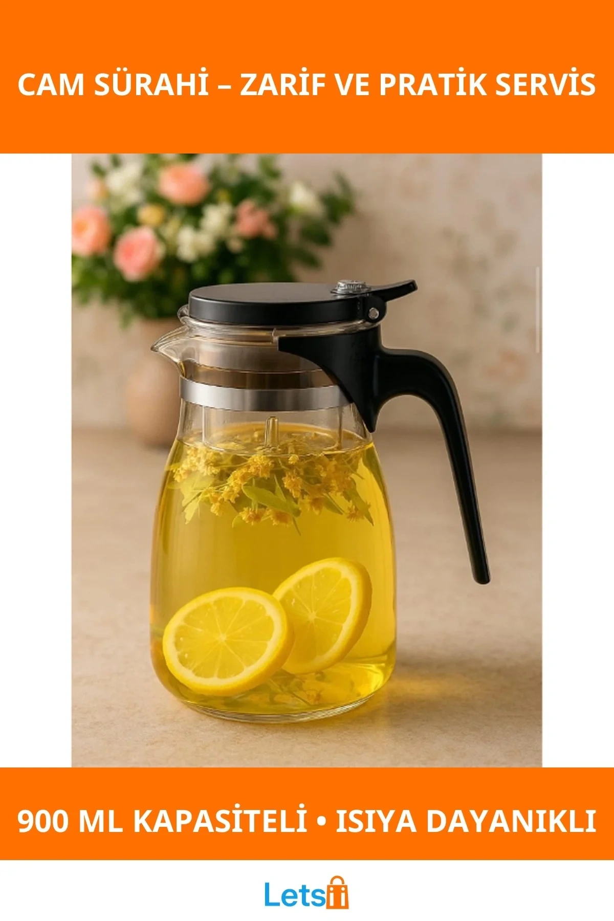 900 ml Süzgeçli Isıya Dayanıklı Cam Sürahi