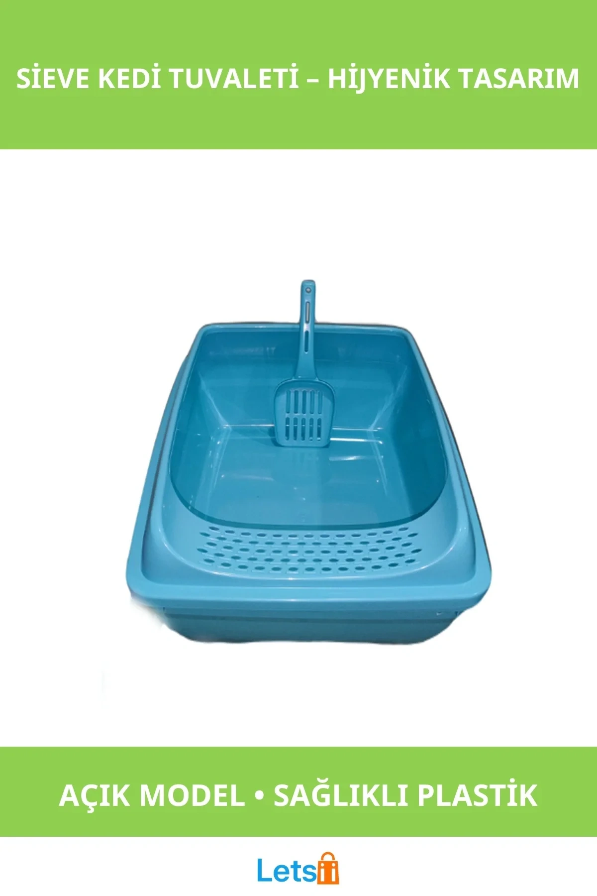 Açık Kedi Tuvaleti Elekli Kürekli Sağlıklı Plastik 50cm Mor Mavi Fuşya Su Yeşili