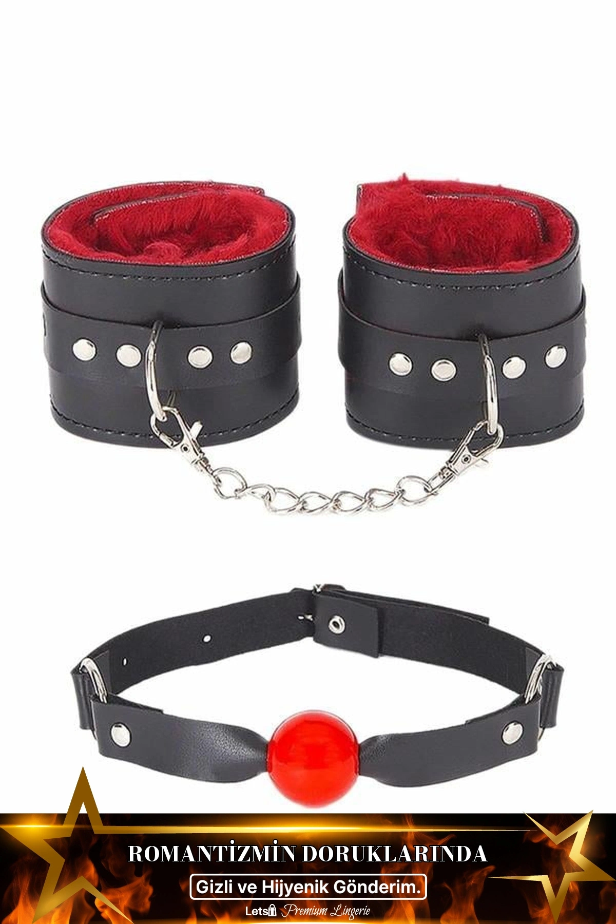 Ağız Topu Ve Kelepçe Tüylü Fantezi Set Siyah Renk