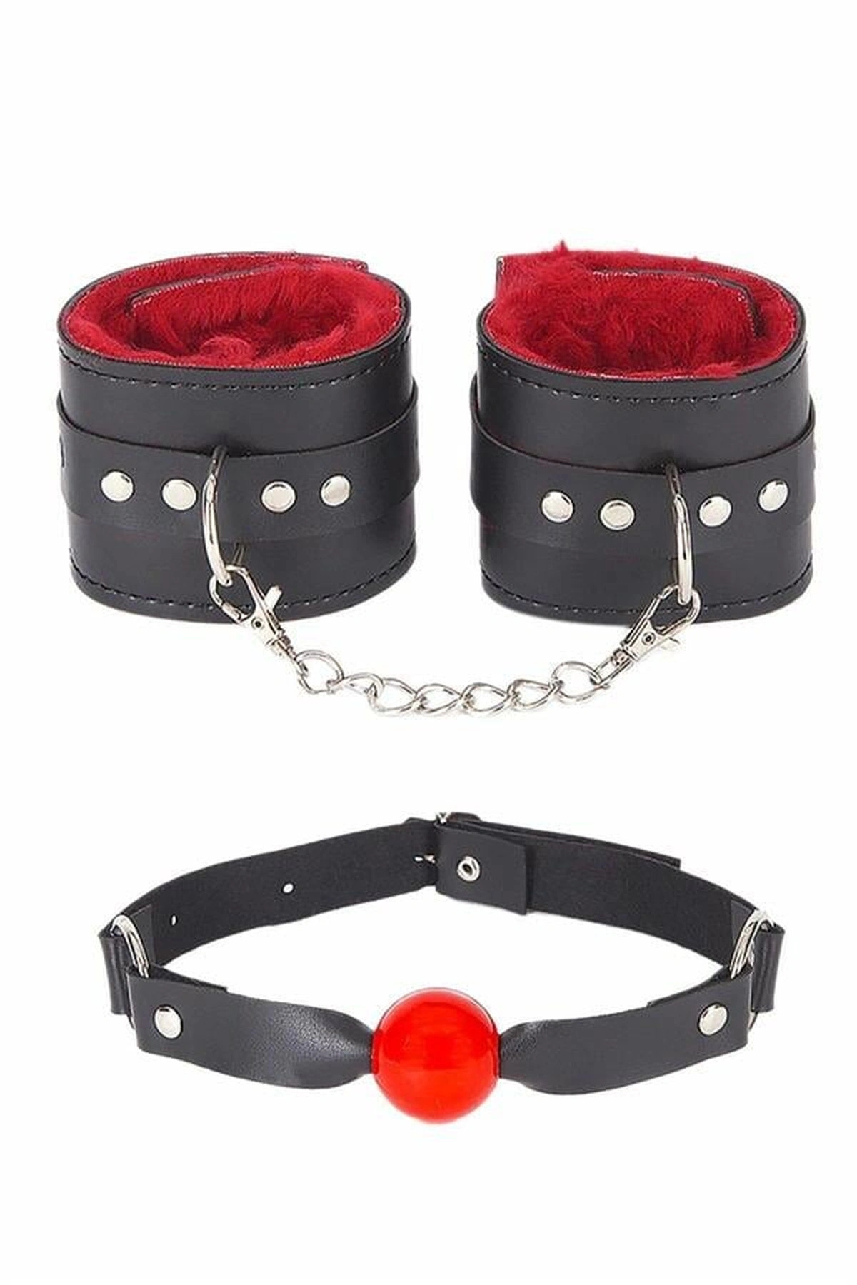 Ağız Topu Ve Kelepçe Tüylü Fantezi Set Siyah Renk