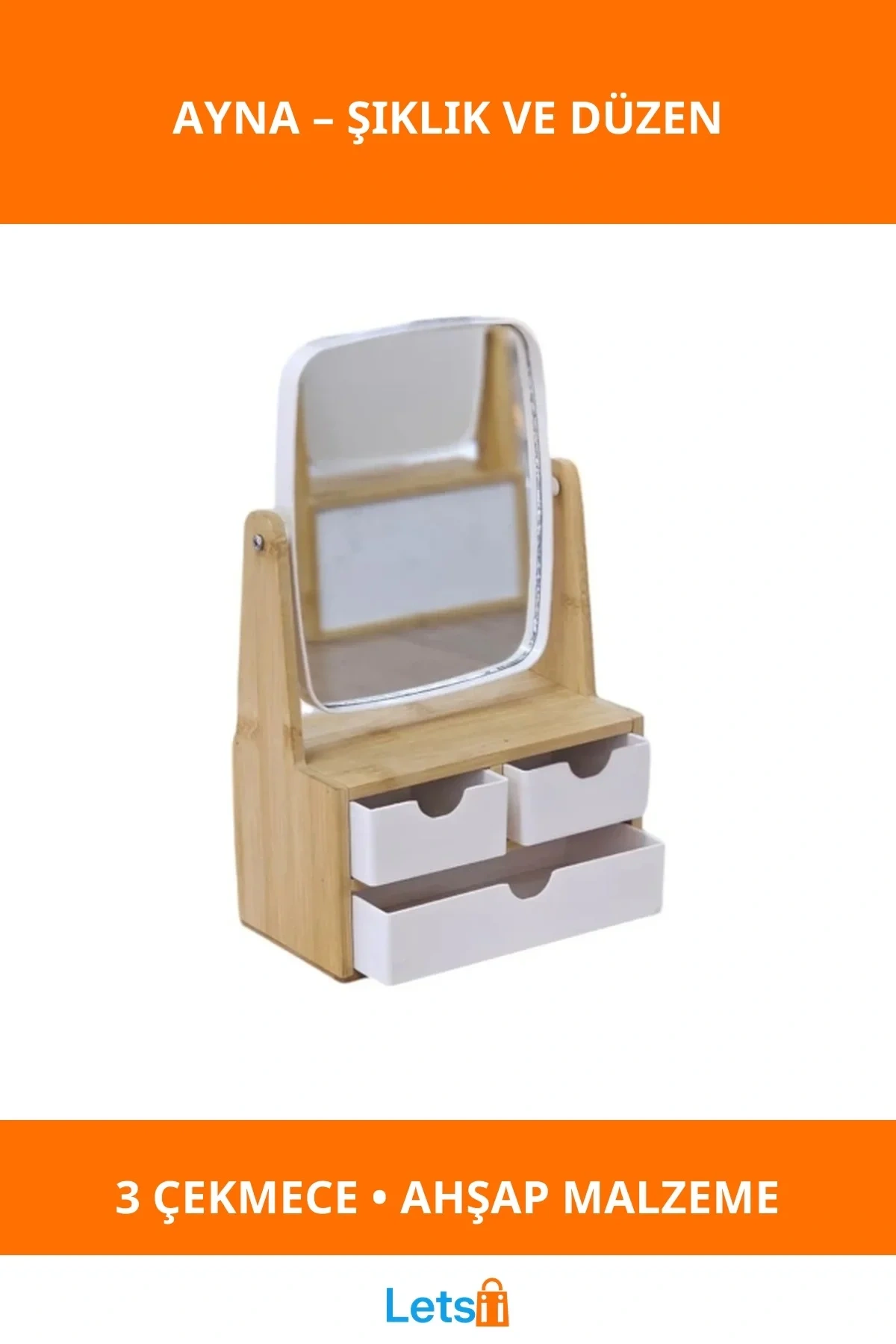 Ahşap 3 Çekmeceli Makyaj Aynası