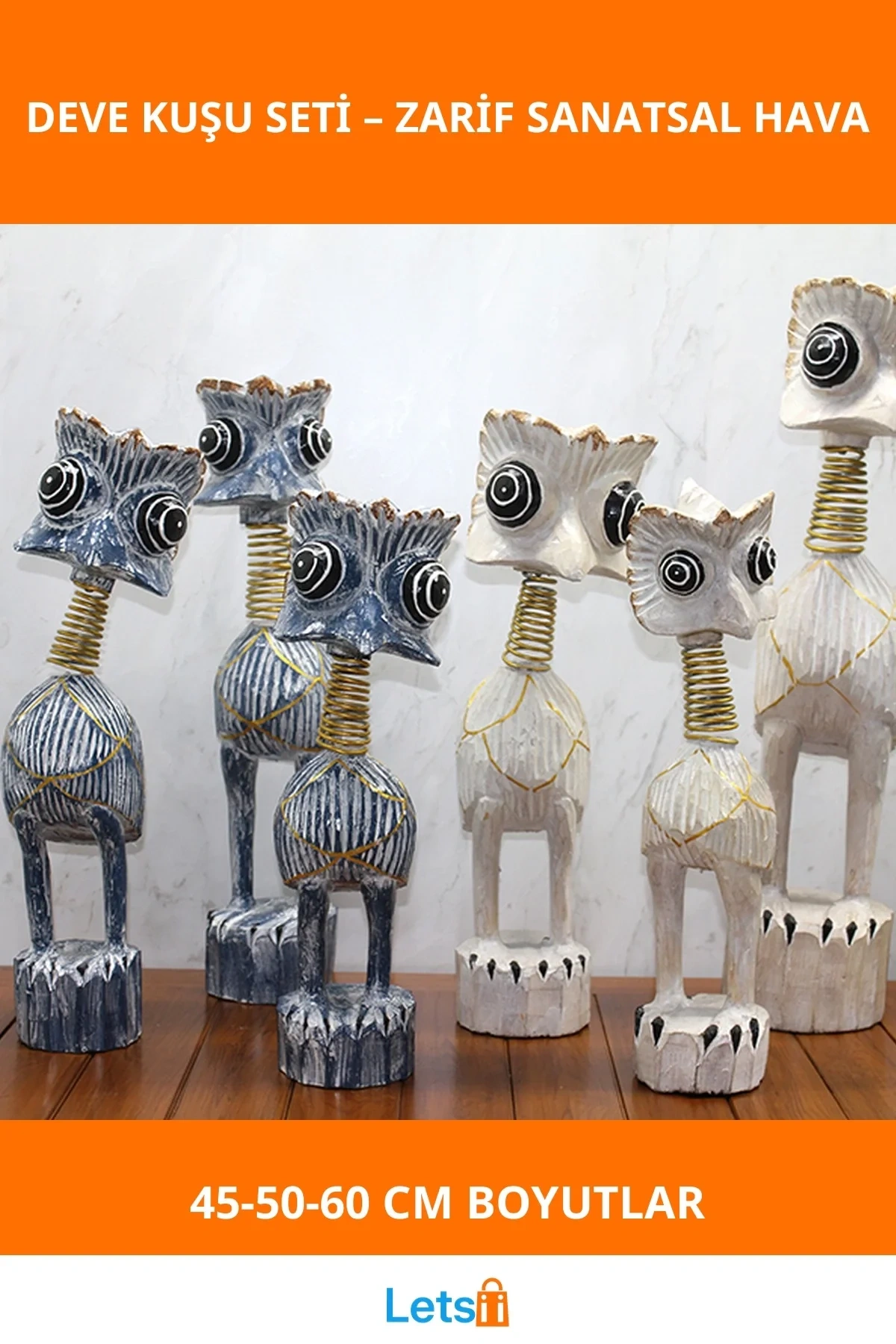 Ahşap 3lü Deve Kuşu Figür Seti 45cm 50cm 60cm