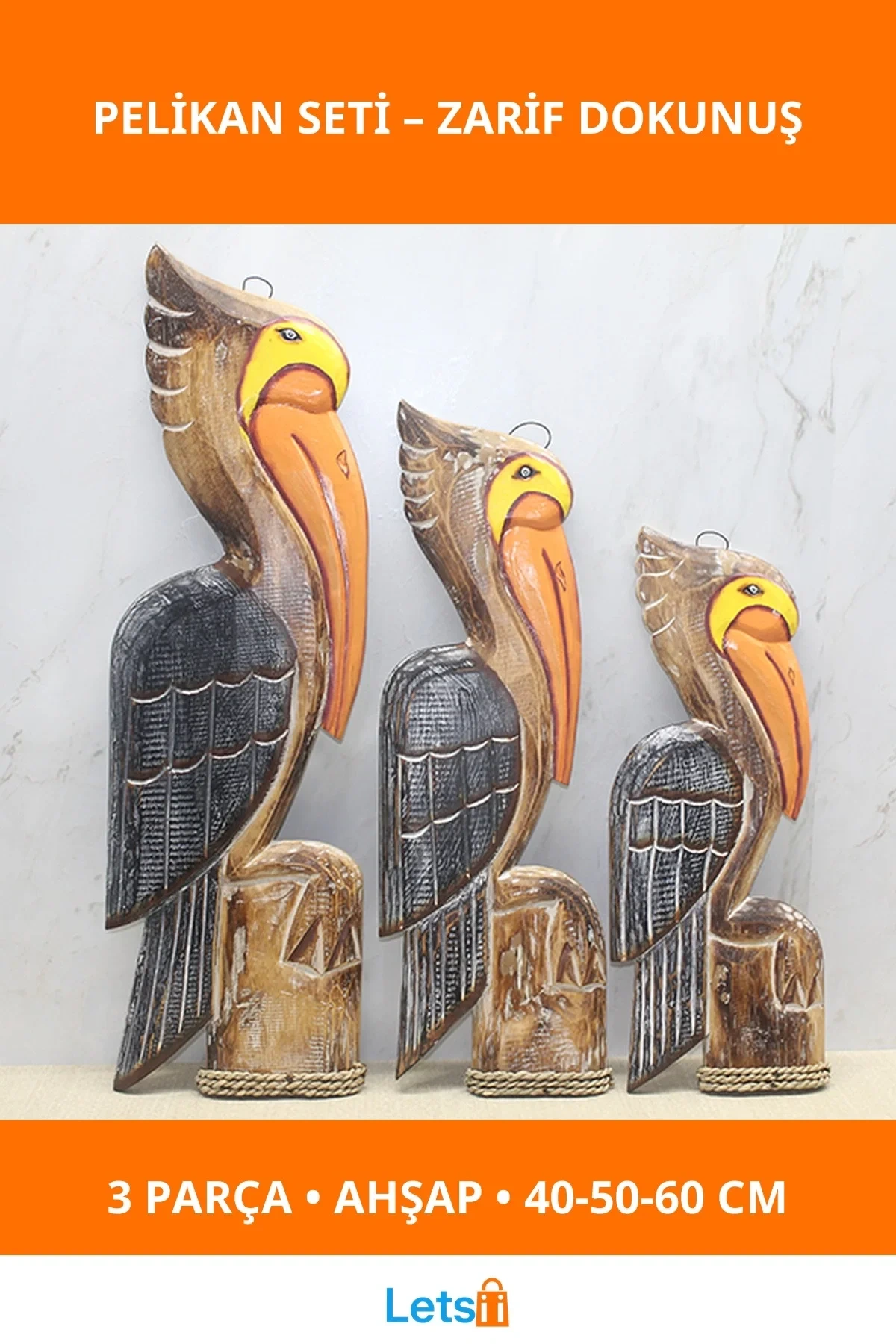 Ahşap 3lü Pelikan Dekoratif Figür Seti 40 50 60 cm