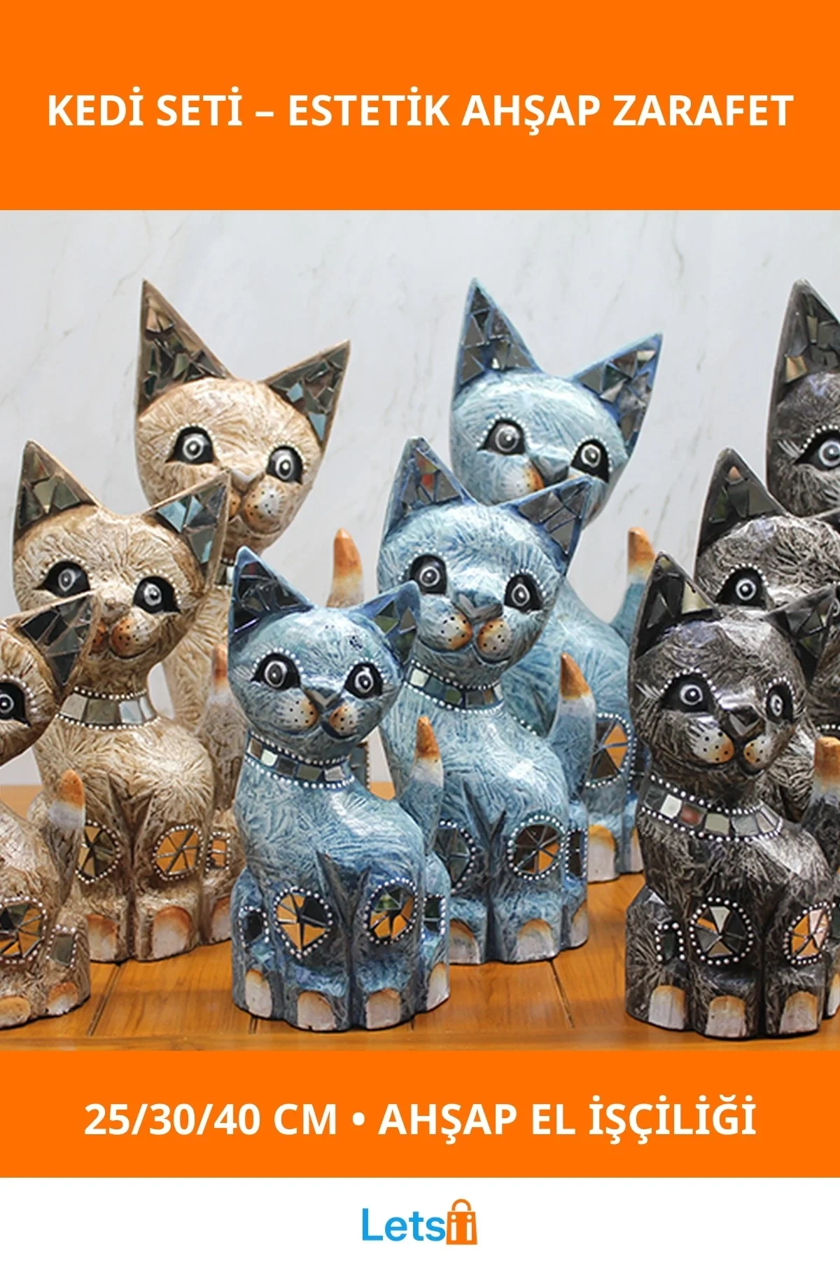 Ahşap 3’lü Kedi Figürü Seti 25 cm, 30 cm, 40 cm Dekoratif