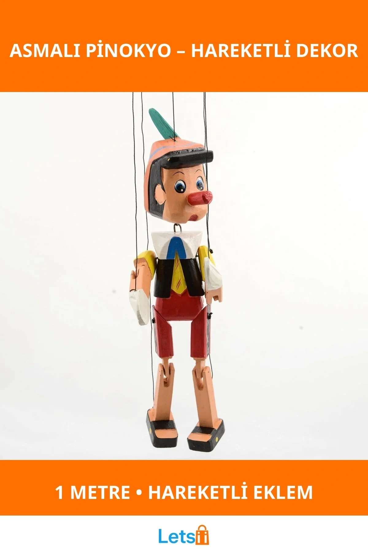 Ahşap Asmalı Pinokyo 1 Metre Eğlenceli Dekoratif Figür