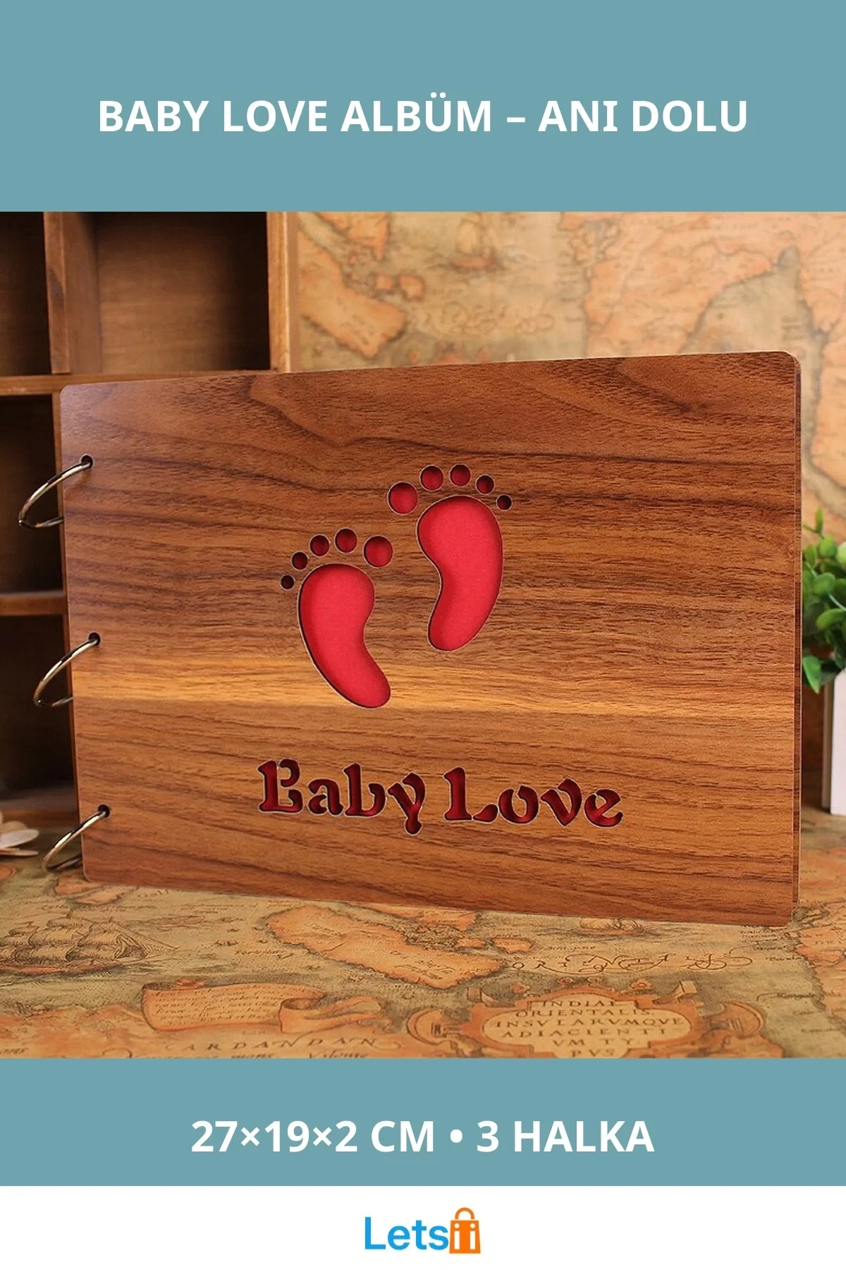 Ahşap Baby Love Albüm 27x19 cm 3 Halka Yüzeyli