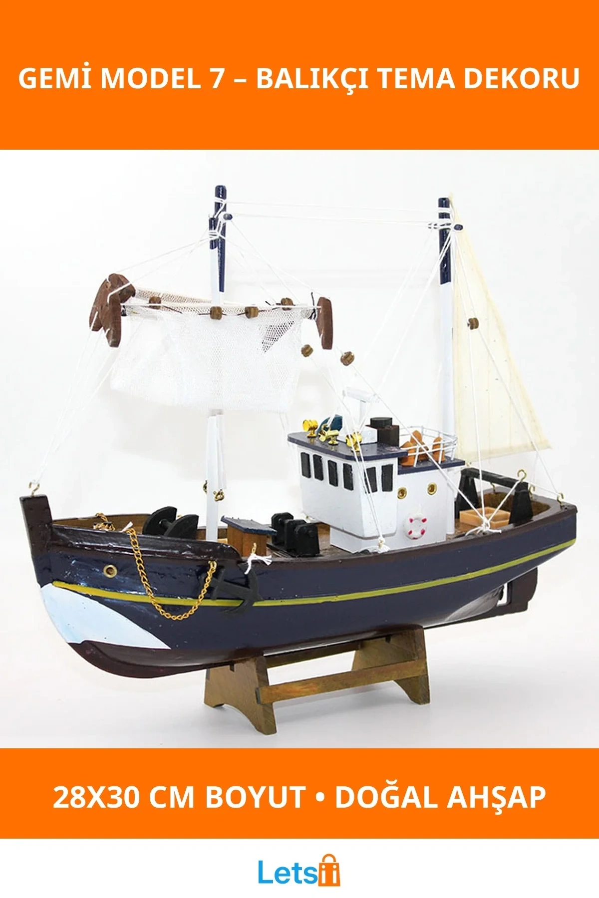 Ahşap Balıkçı Gemi Modeli 28x30 cm Dekoratif Aksesuar