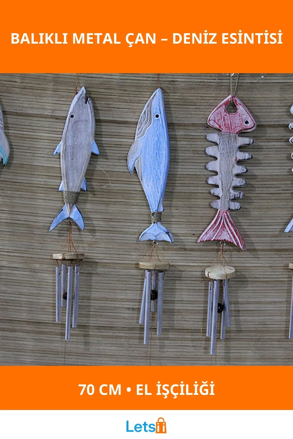 Ahşap Balıklı Metal Çan 70 cm El İşçiliği Dekoratif