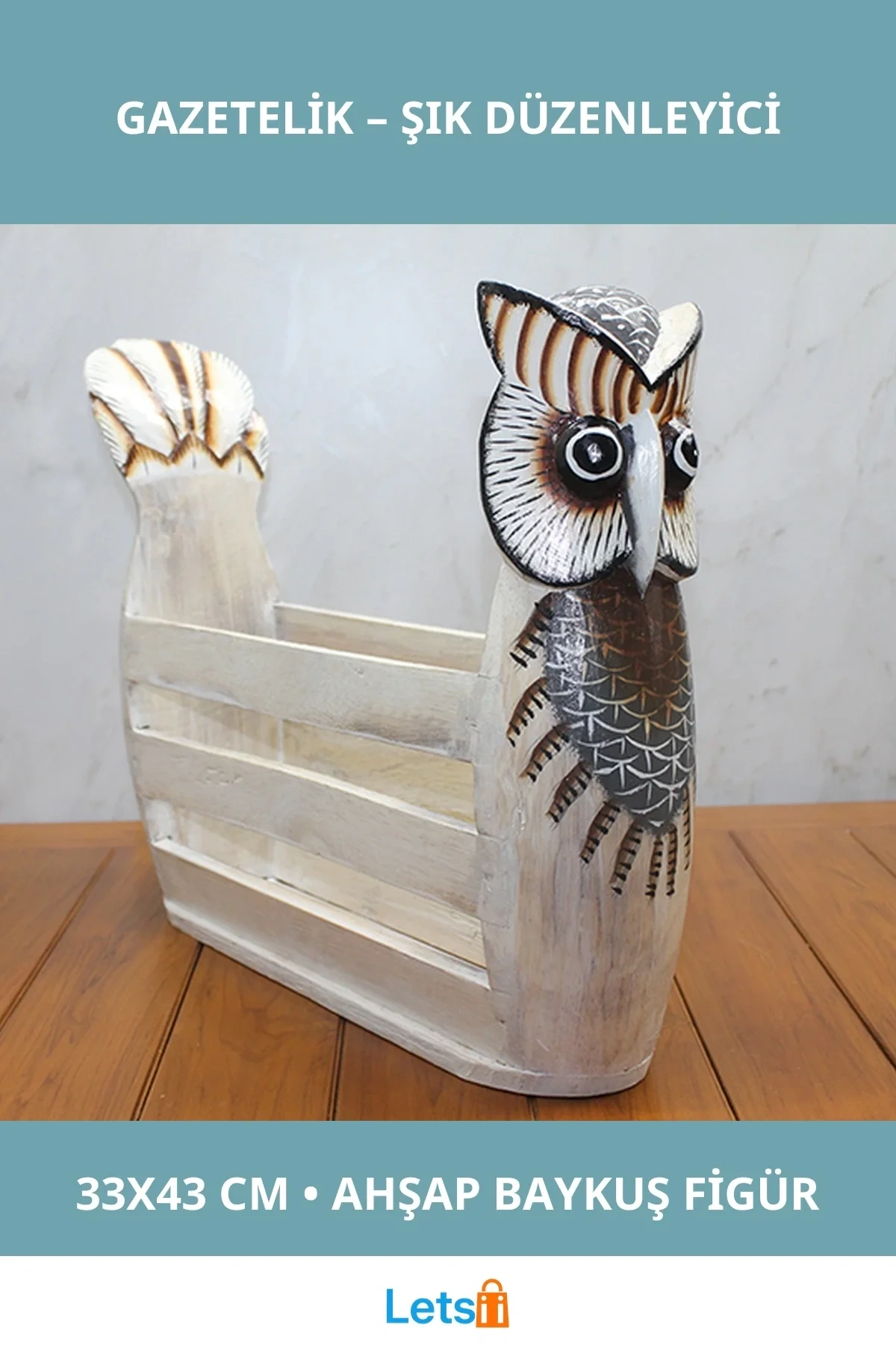 Ahşap Baykuş Figürlü Dekoratif Gazetelik 33x43 cm