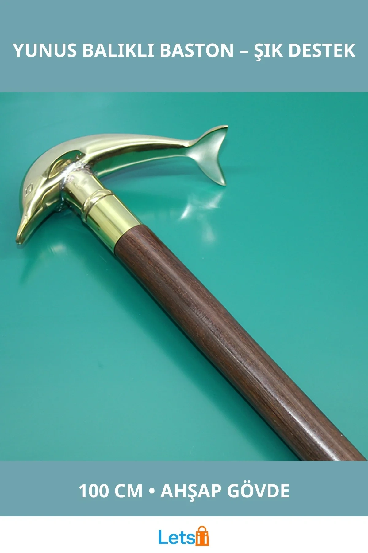 Ahşap Dayanıklı Ergonomik Pirinç Yunus Balıklı Baston 100 cm