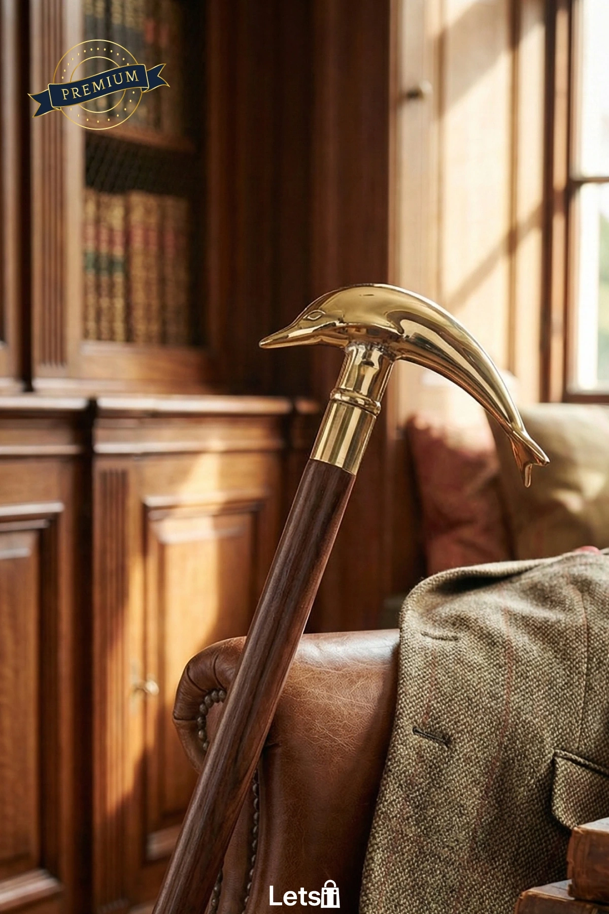 Ahşap Dayanıklı Ergonomik Pirinç Yunus Balıklı Baston 100 cm