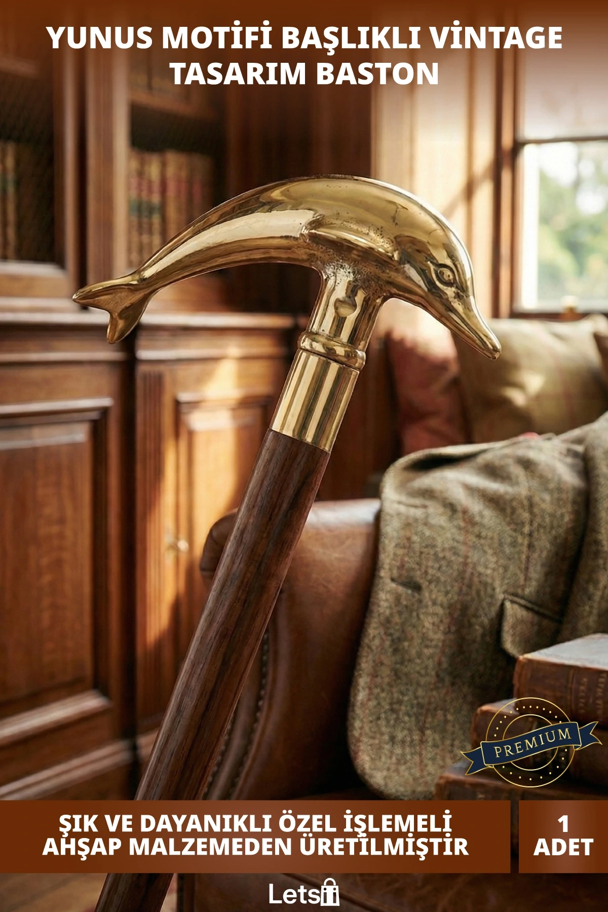 Ahşap Dayanıklı Ergonomik Pirinç Yunus Balıklı Baston 100 cm