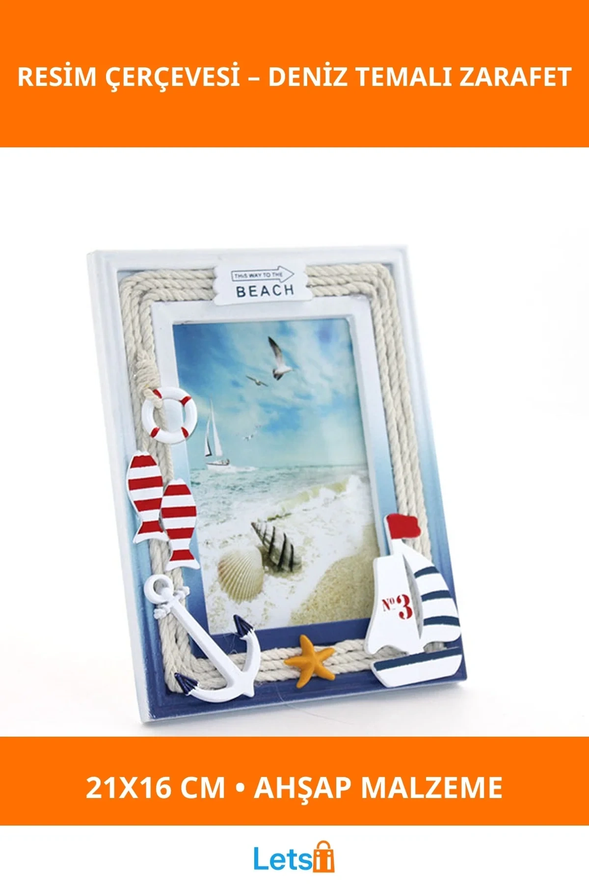 Ahşap Deniz Temalı Marin Resim Çerçevesi 21x16 cm