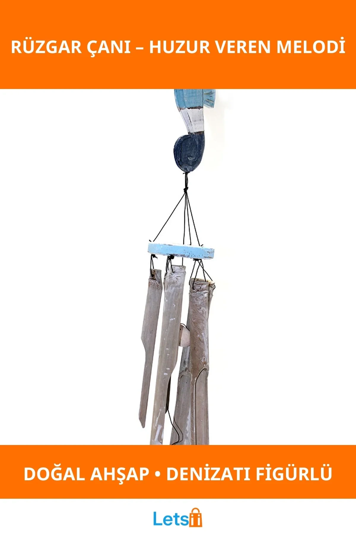 Ahşap Denizatı Figürlü Rüzgar Çanı No:1 Dekoratif Ses Çanı