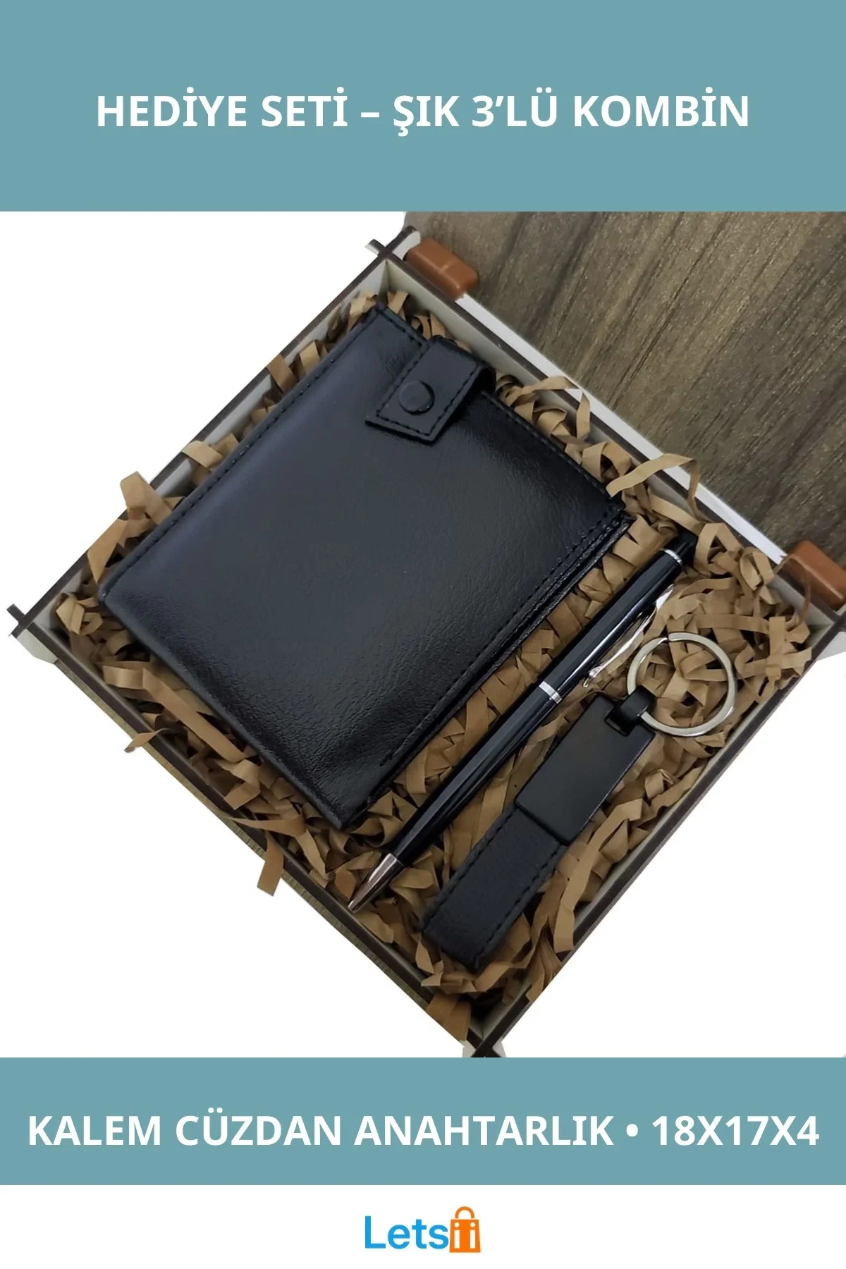 Ahşap Deri Kutulu Siyah Renk Kalem Cüzdan Anahtarlık Seti