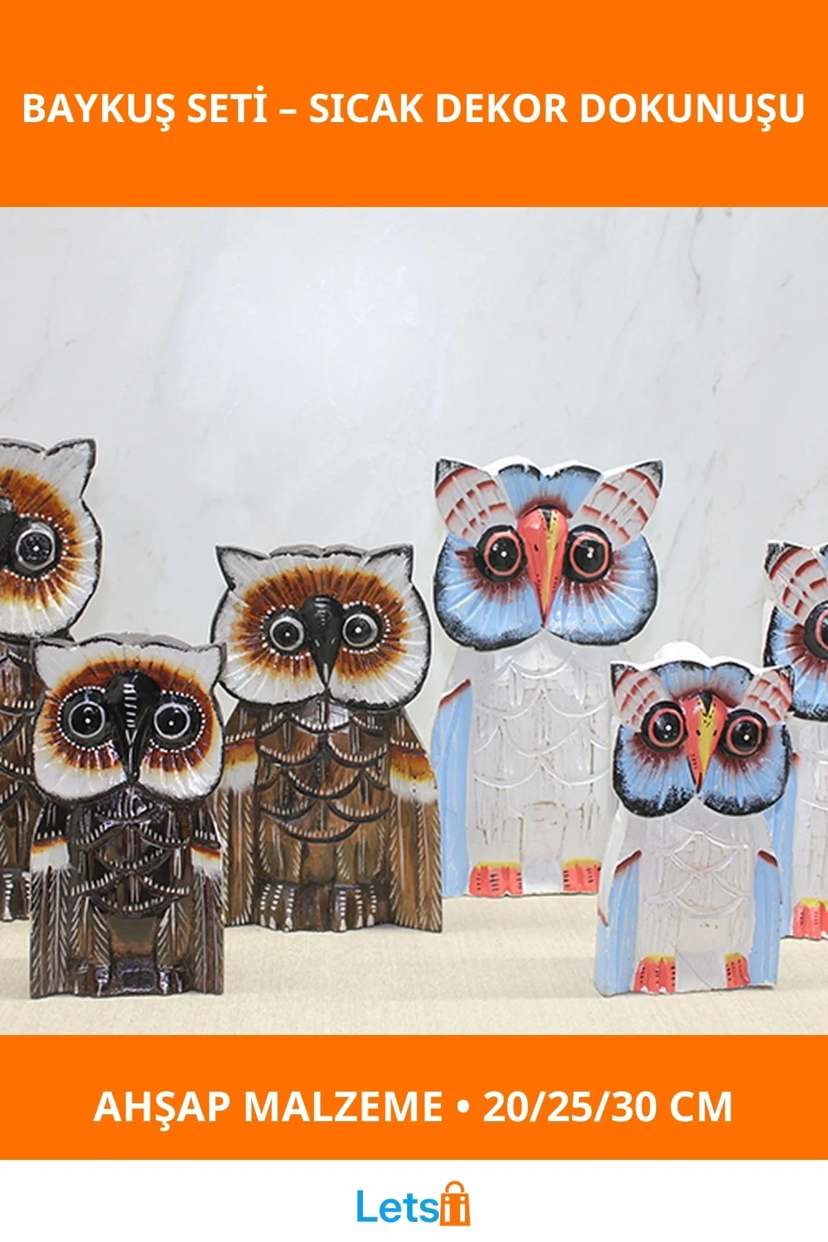 Ahşap El Boyaması 3lü Baykuş Figürleri 20 25 30 cm Dekorasyon
