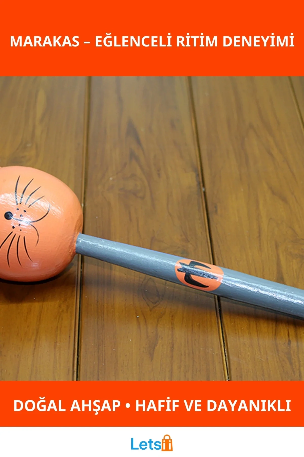 Ahşap El Yapımı Kedili Marakas Eğlenceli Müzik Aleti