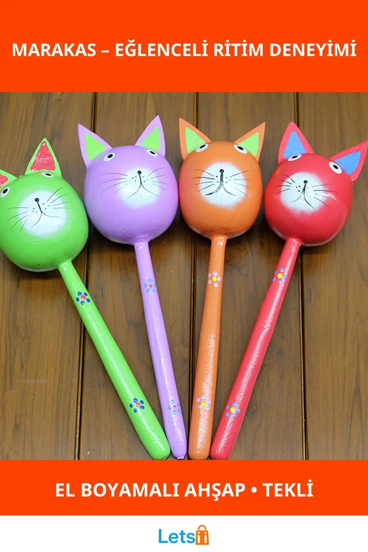 Ahşap El Yapımı Renkli Kedi Marakas Eğlenceli Müzik Aleti