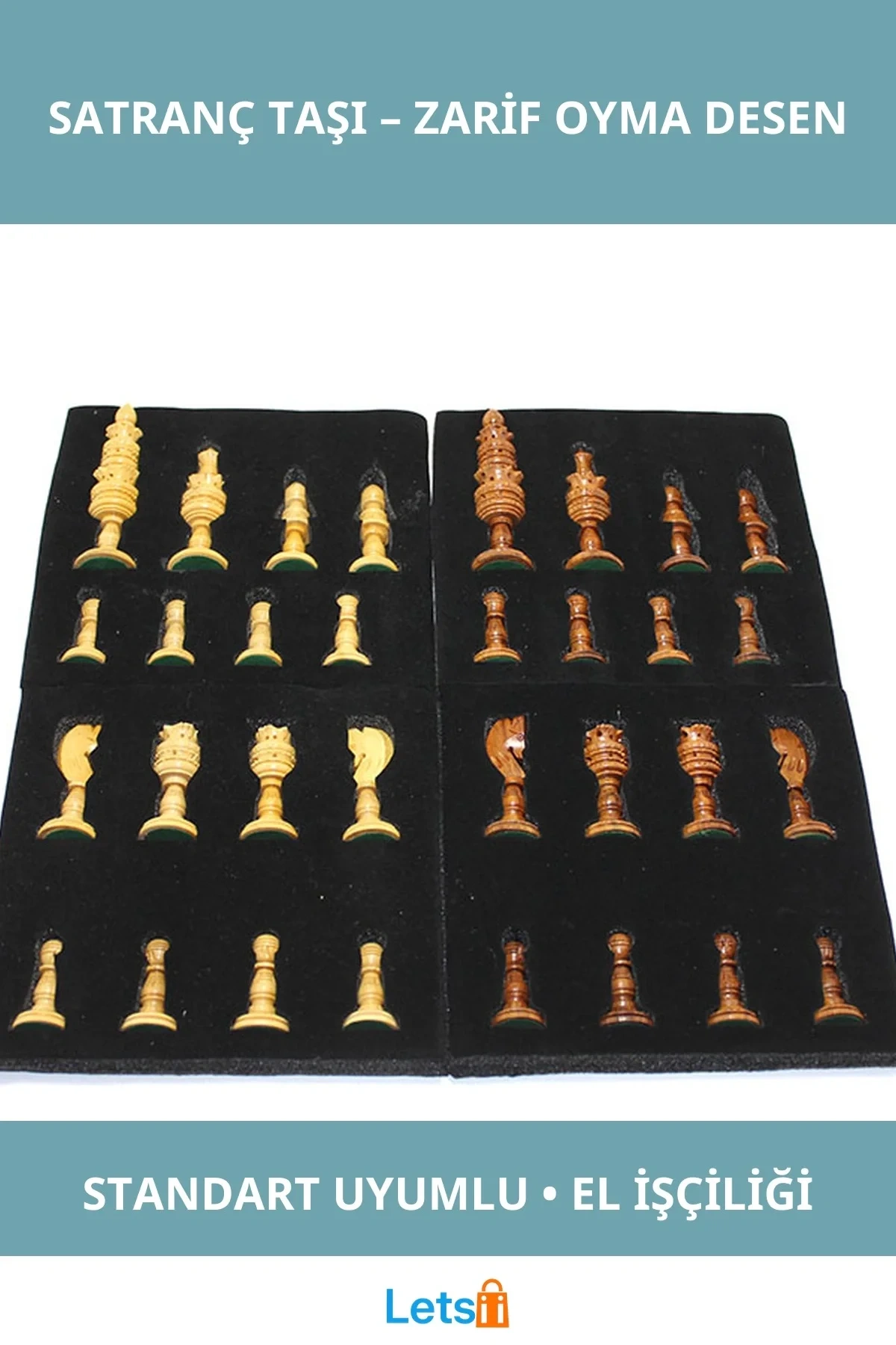 Ahşap El Yapımı Zarif Detaylı Satranç Taşı Seti 32 Adet