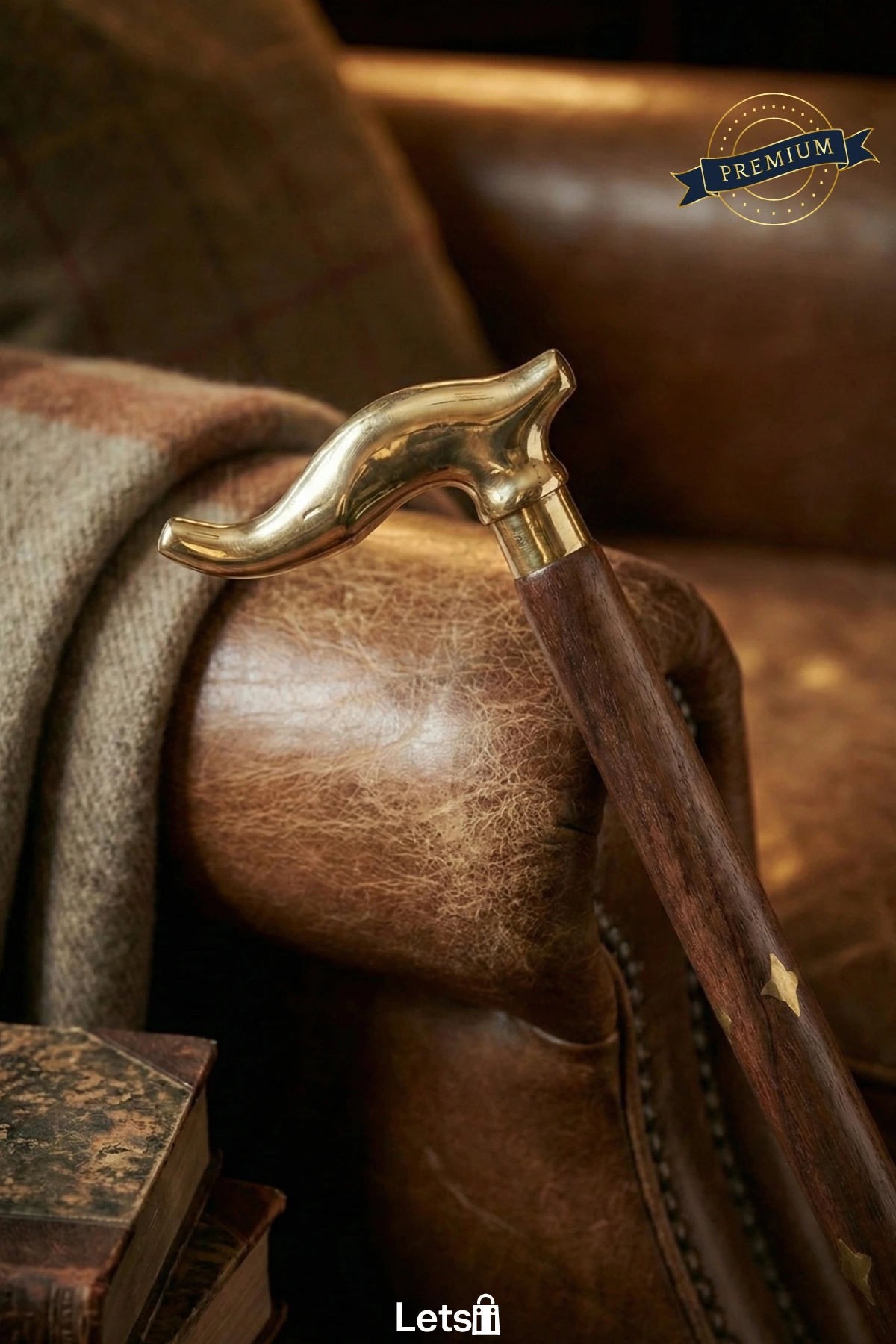 Ahşap Ergonomik Pirinç Başlıklı Şık Tasarımlı İşlemeli Özel Baston