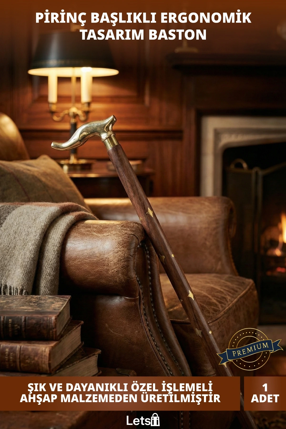 Ahşap Ergonomik Pirinç Başlıklı Şık Tasarımlı İşlemeli Özel Baston