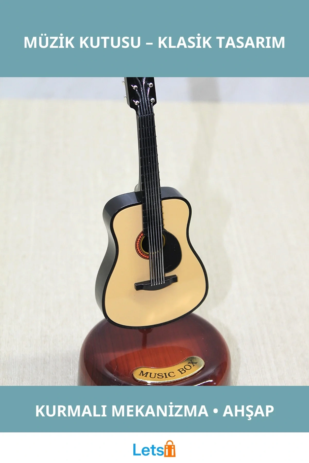 Ahşap Görünümlü Kurmalı Gitar Müzik Kutusu