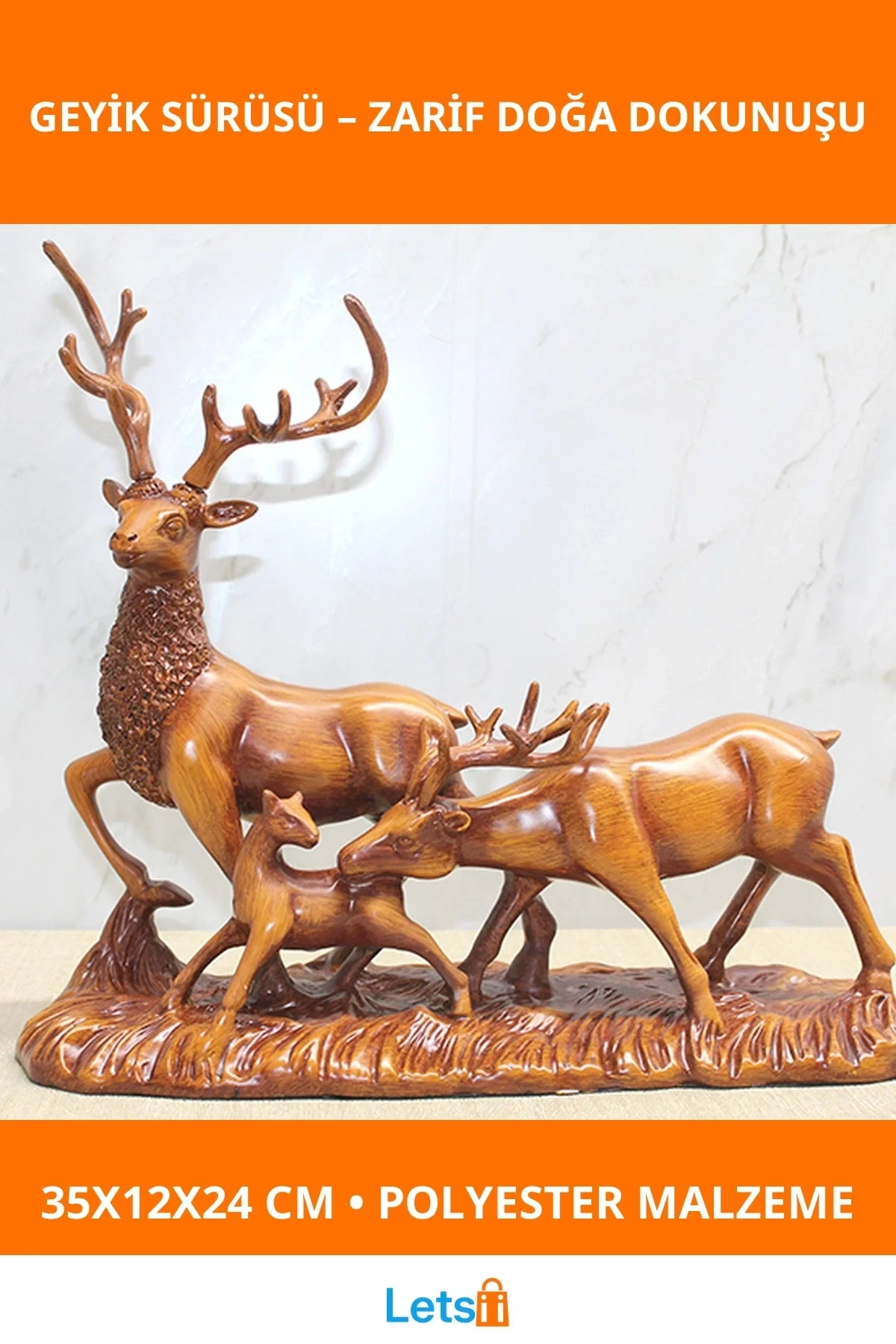 Ahşap Görünümlü Polyester Geyik Sürüsü 35x12x24 cm Dekoratif Biblo