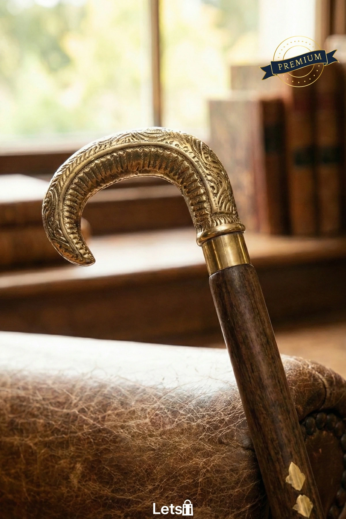 Ahşap Gövde Pirinç Başlıklı Şık Klasik Tasarım İşlemeli Baston