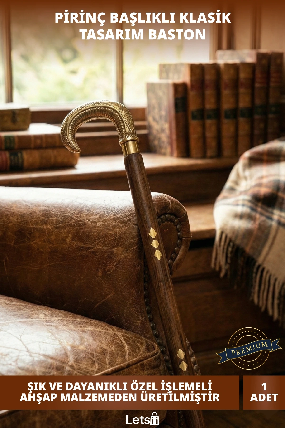 Ahşap Gövde Pirinç Başlıklı Şık Klasik Tasarım İşlemeli Baston