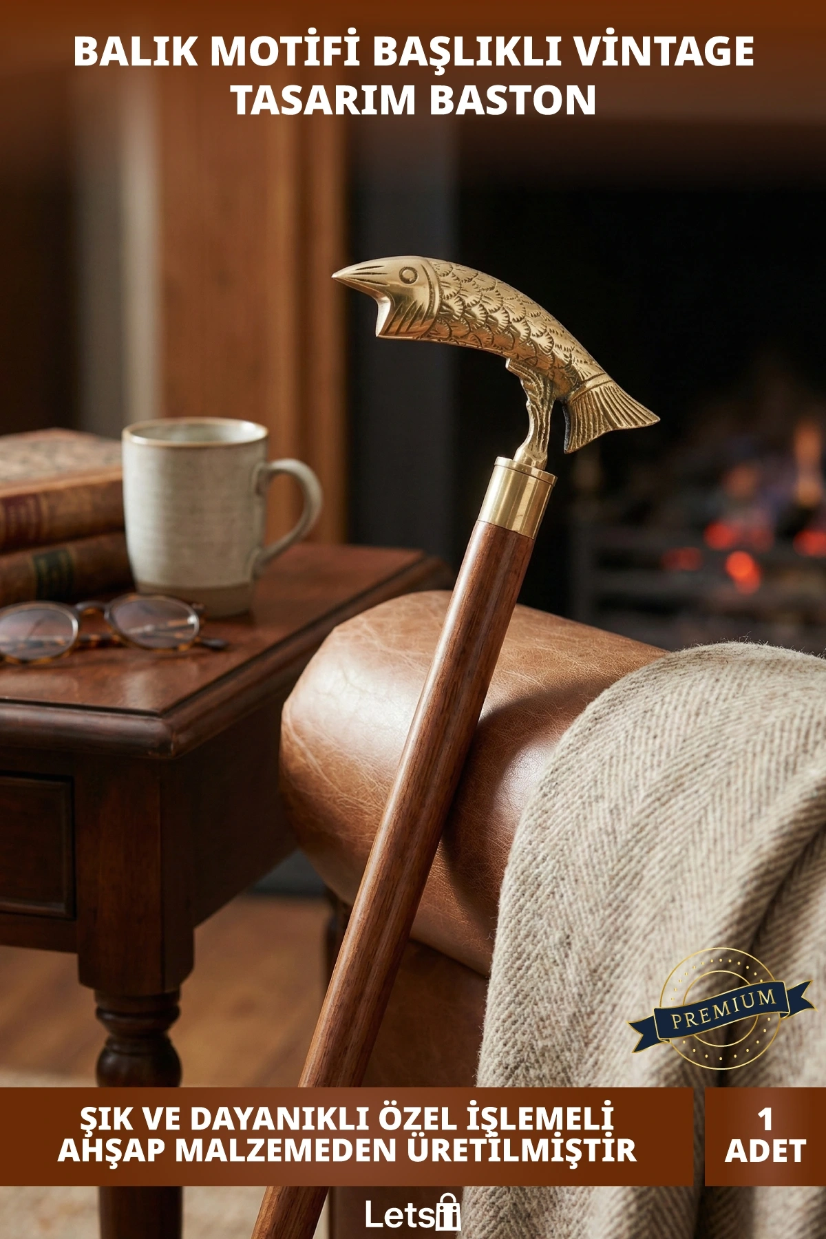 İşlemeli Balık Başlıklı Özel Tasarım Pirinç Baston 100 cm