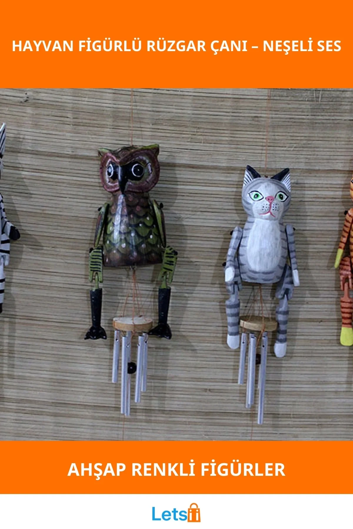 Ahşap Hayvan Figürlü Rüzgar Çanı Renkli Dekoratif Aksesuar