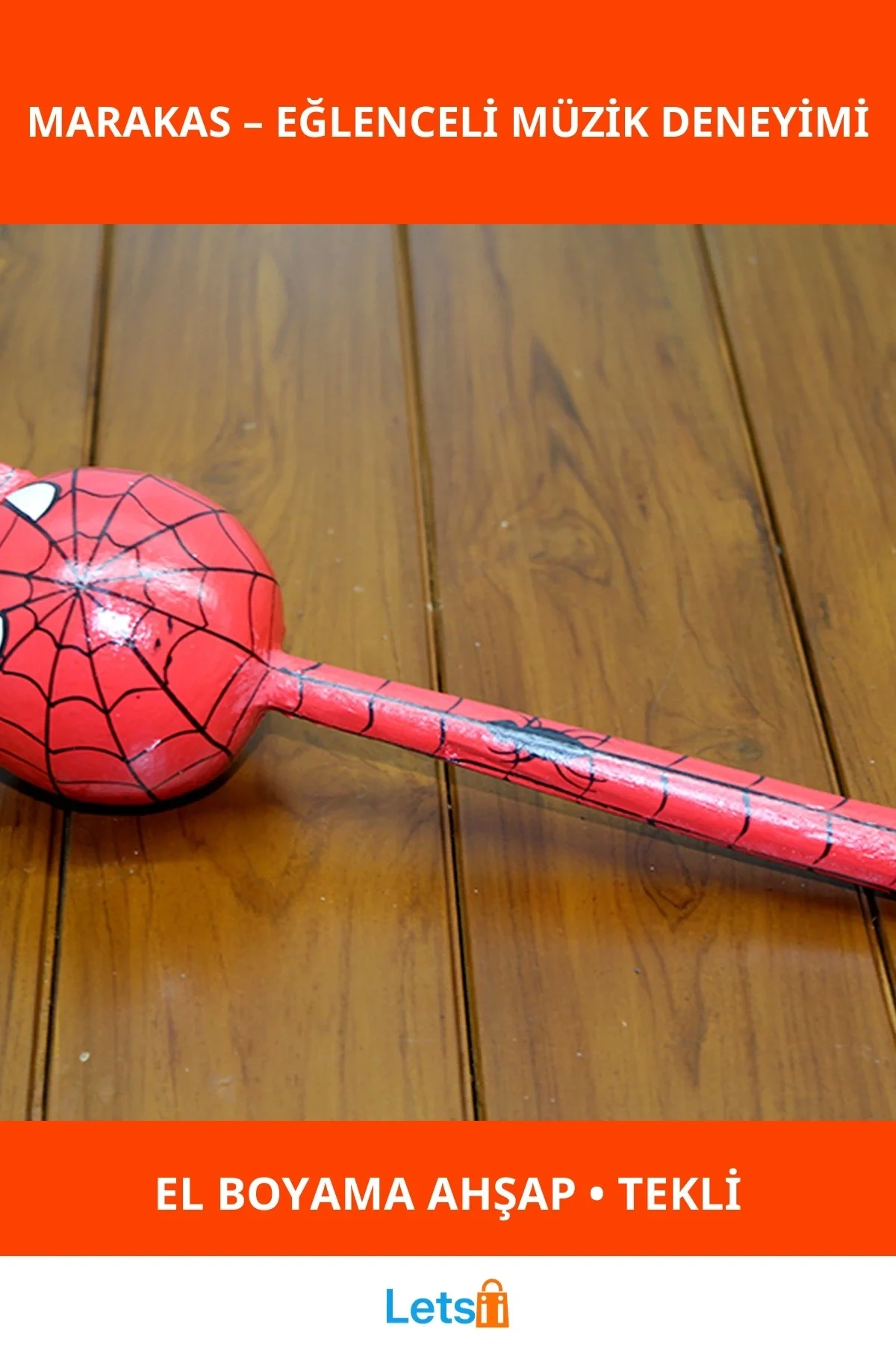 Ahşap Kedili Spiderman Marakas Tekli Eğlenceli Müzik Aleti