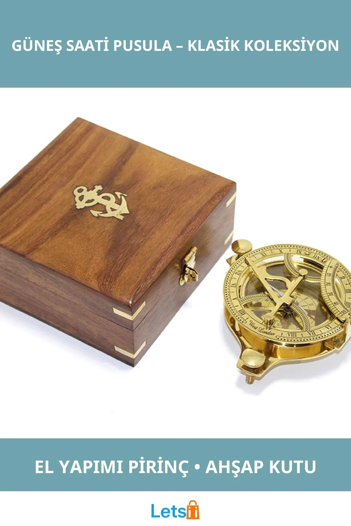 Ahşap Kutulu El Yapımı Pirinç Güneş Saati ve Pusula