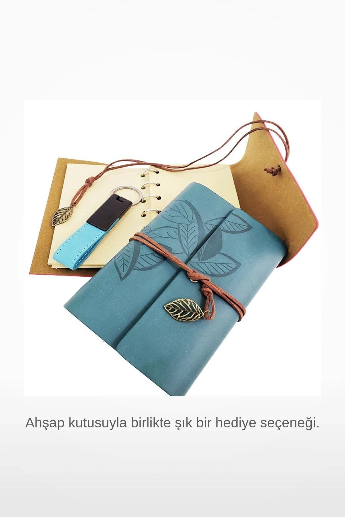 Ahşap Kutulu Mavi Deri Defter ve Anahtarlık Hediye Seti