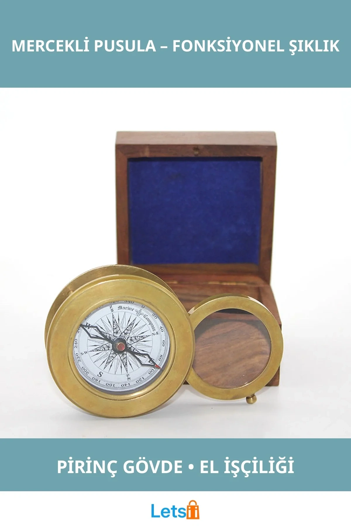 Ahşap Kutulu Nostaljik Pirinç Mercekli Pusula 7x3 cm