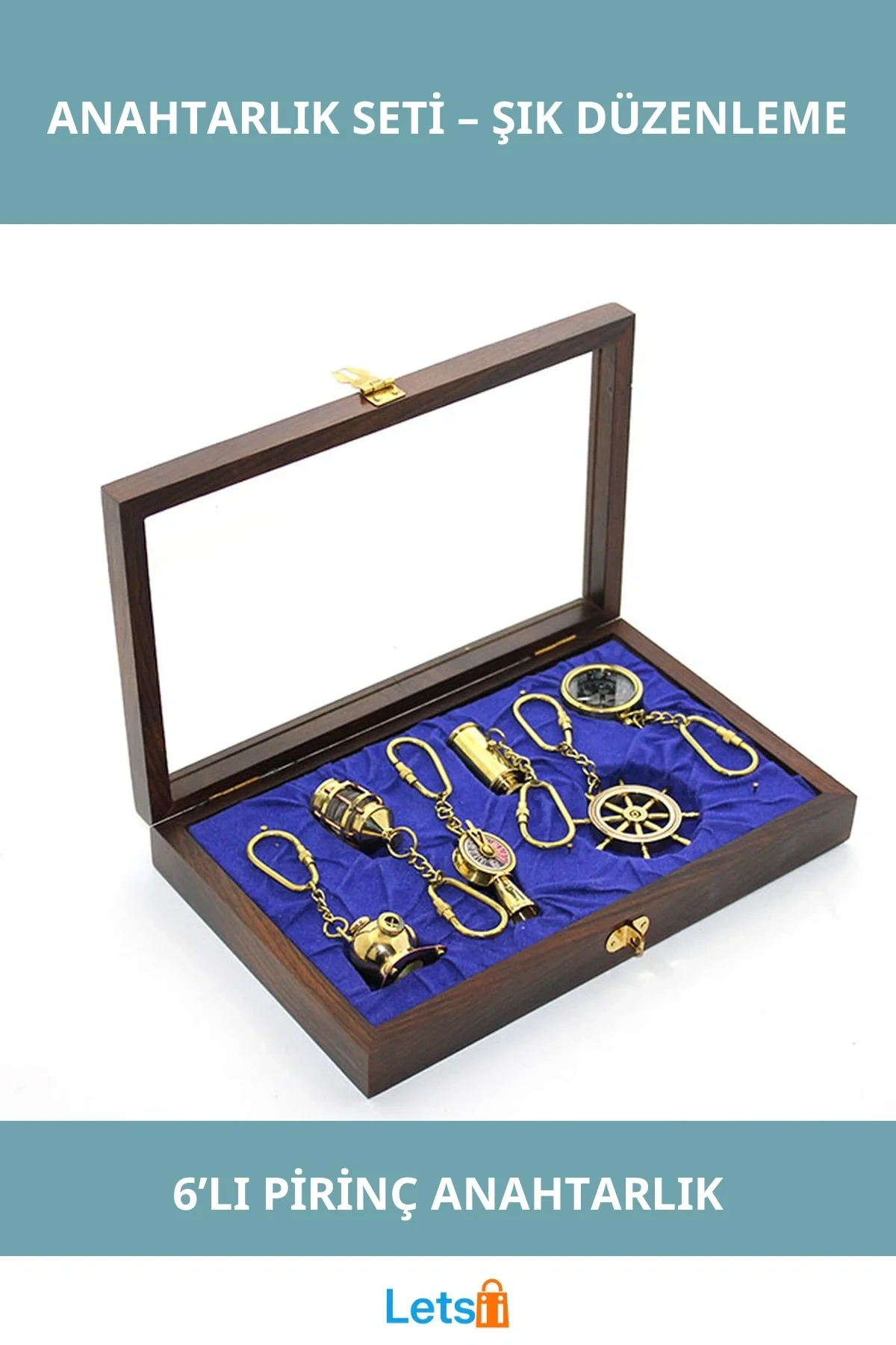 Ahşap Kutulu Pirinç 6lı Anahtarlık Seti Şık ve Dayanıklı